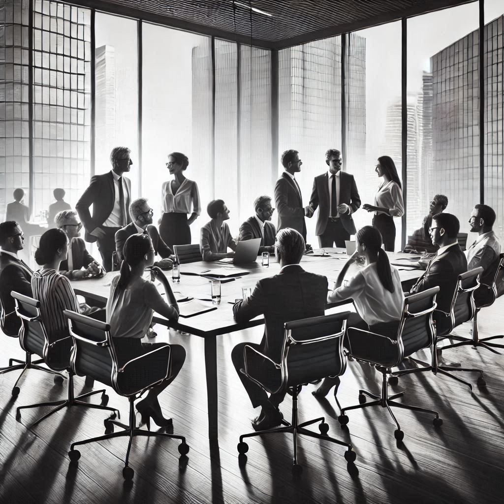 a black and white image of employees in a boardroom